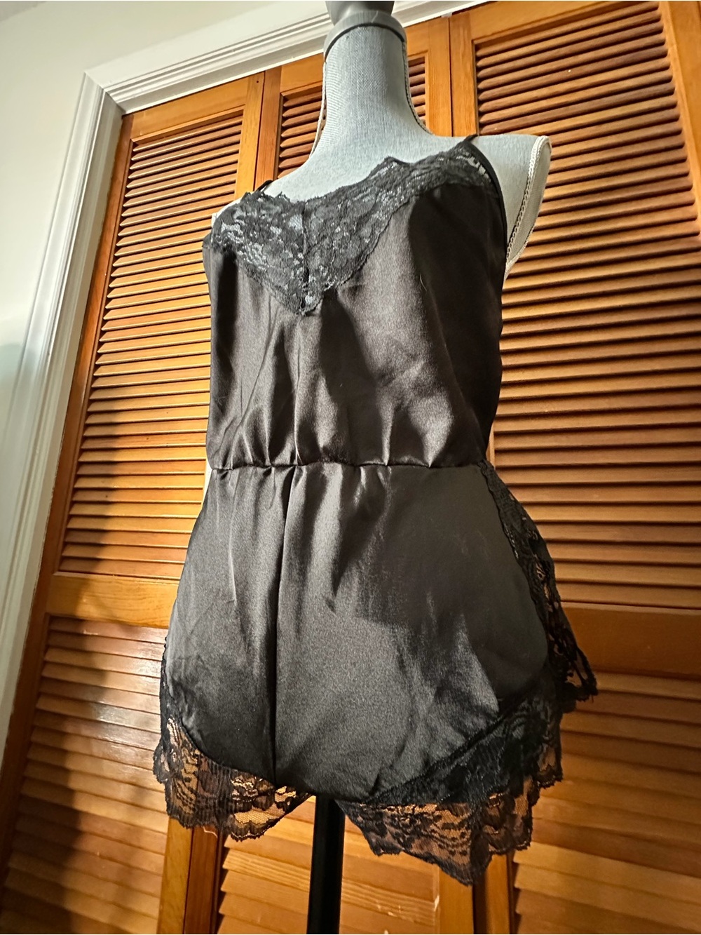 Vintage 80s Black Lace-Trim Satin Teddy Romper - Picture 7 of 11